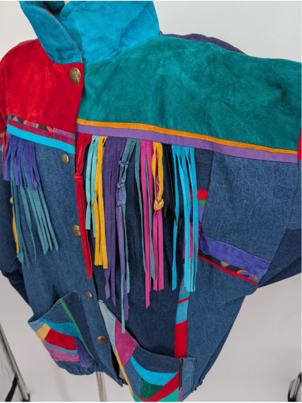 Vtg 90s Santa Fe Re-Creations L Mixed-Media Denim Suede Fringe Patchwork Jacket - Picture 13 of 16